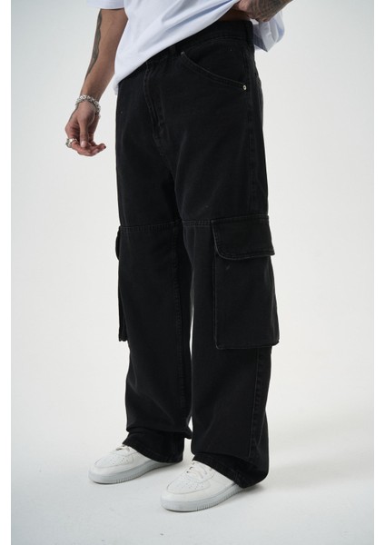 Erkek Washed Paraşüt Kargo Baggy Pantolon Siyah