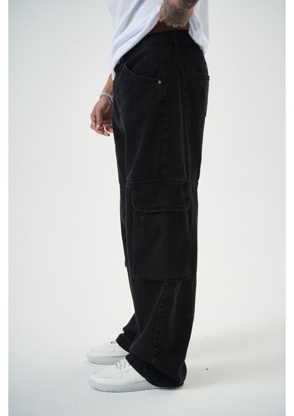 Erkek Washed Paraşüt Kargo Baggy Pantolon Siyah