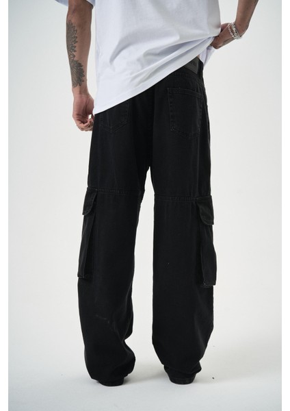 Erkek Washed Paraşüt Kargo Baggy Pantolon Siyah