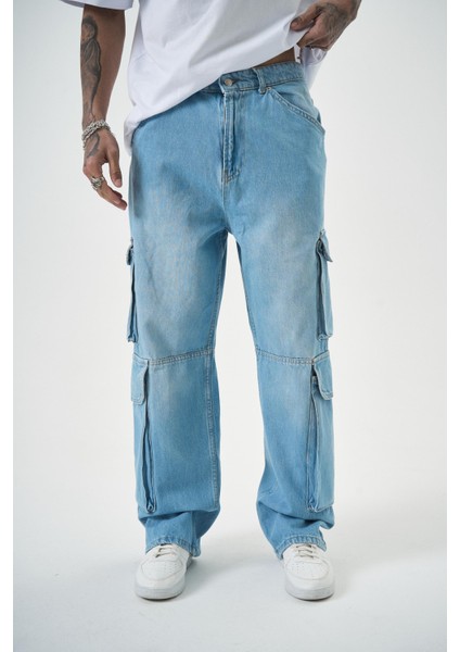 Erkek Washed Kargo Baggy Pantolon Mavi