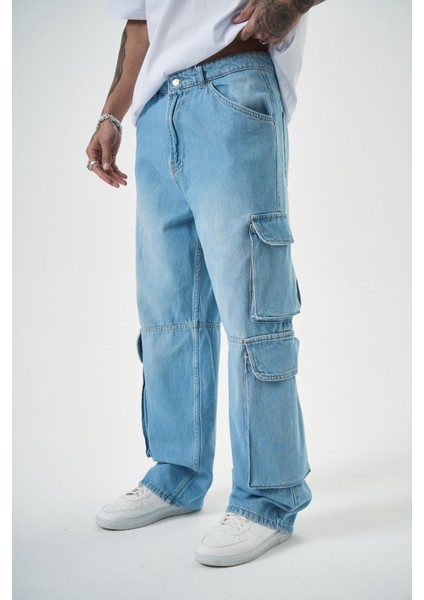 Erkek Washed Kargo Baggy Pantolon Mavi