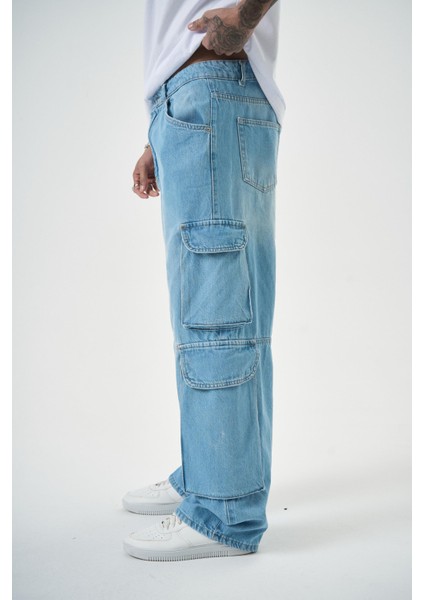 Erkek Washed Kargo Baggy Pantolon Mavi