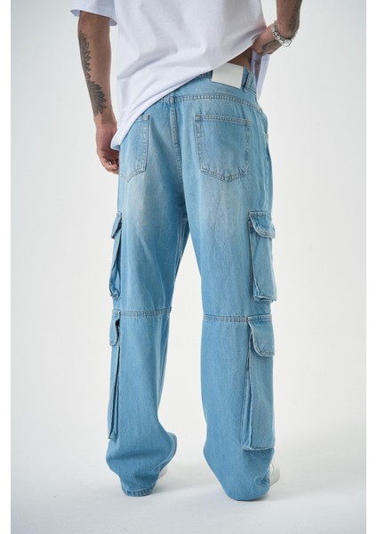Erkek Washed Kargo Baggy Pantolon Mavi