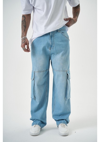 Erkek Washed Paraşüt Kargo Baggy Pantolon Mavi