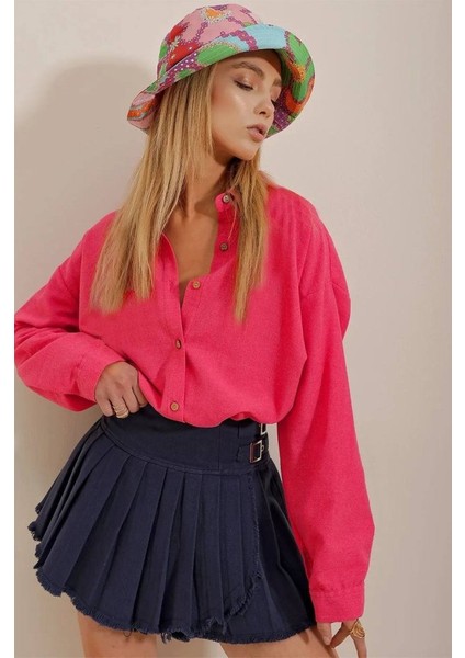 Kadın Keten Kumaş Oversize Gömlek