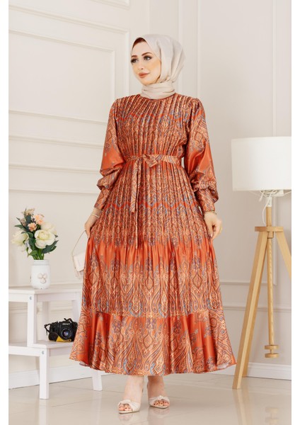 Piliseli Eteği Volanlı Saten Mona Elbise-Kiremit