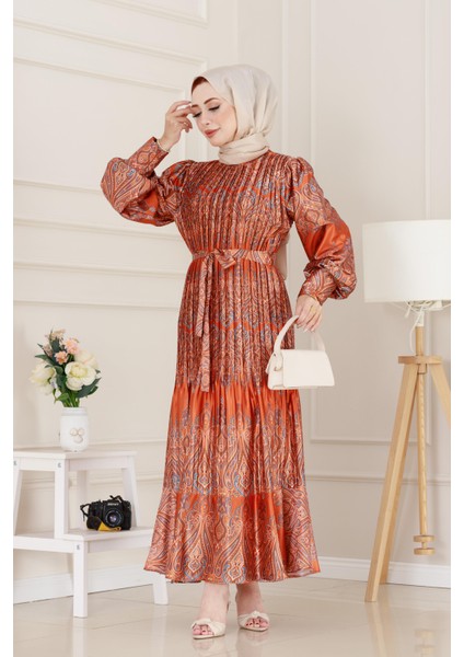 Piliseli Eteği Volanlı Saten Mona Elbise-Kiremit fiyatları