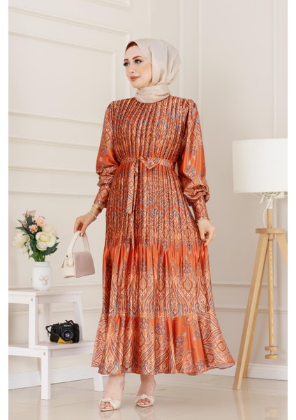 Piliseli Eteği Volanlı Saten Mona Elbise-Kiremit modelleri