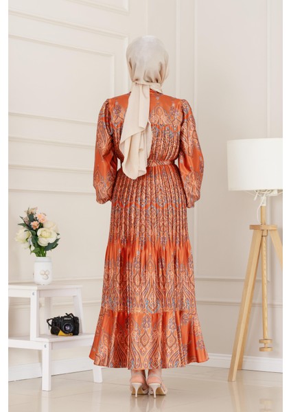 Piliseli Eteği Volanlı Saten Mona Elbise-Kiremit indirimleri