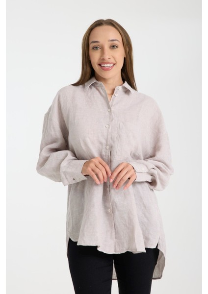 Kadın %100 Keten Oversize Rahat Kesim Uzun Kollu Gömlek – Doğal, Nefes Alabilir, Şık Tasarım 2001