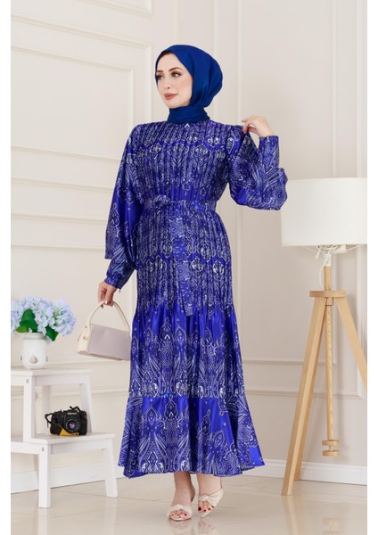 Piliseli Eteği Volanlı Saten Mona Elbise-Saks Mavisi