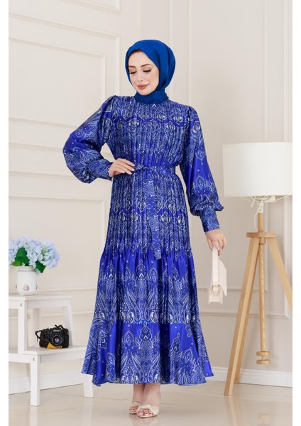 Piliseli Eteği Volanlı Saten Mona Elbise-Saks Mavisi fiyatları