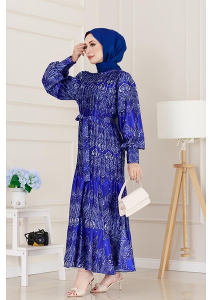 Piliseli Eteği Volanlı Saten Mona Elbise-Saks Mavisi modelleri