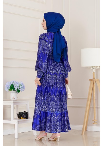 Piliseli Eteği Volanlı Saten Mona Elbise-Saks Mavisi indirimleri