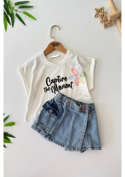 Zambak Detaylı Kot Şort Etekli Capture Kız çocuk takım - Krem