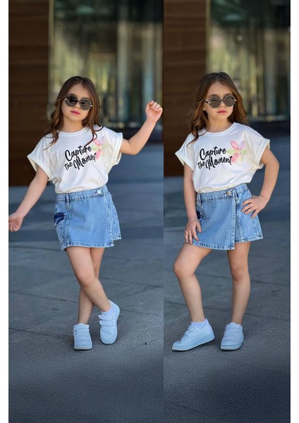 Zambak Detaylı Kot Şort Etekli Capture Kız çocuk takım - Krem fiyatları