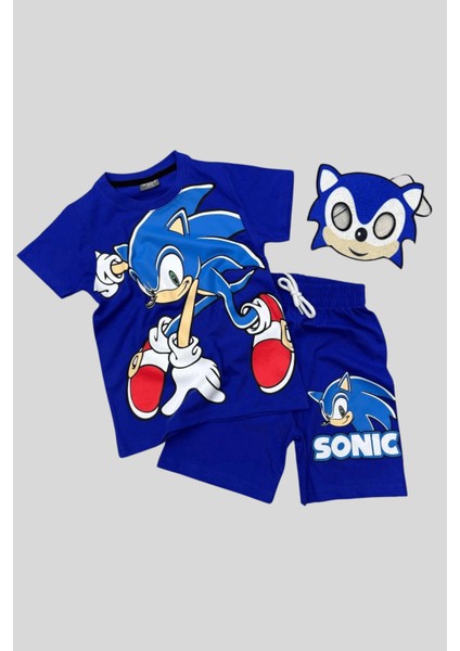 3-10 Yaş Sonic Maskeli Şortlu Çocuk Takım Mavi