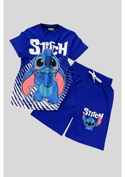 3-10 Yaş Stitch Maskeli Şortlu Çocuk Takım Mavi