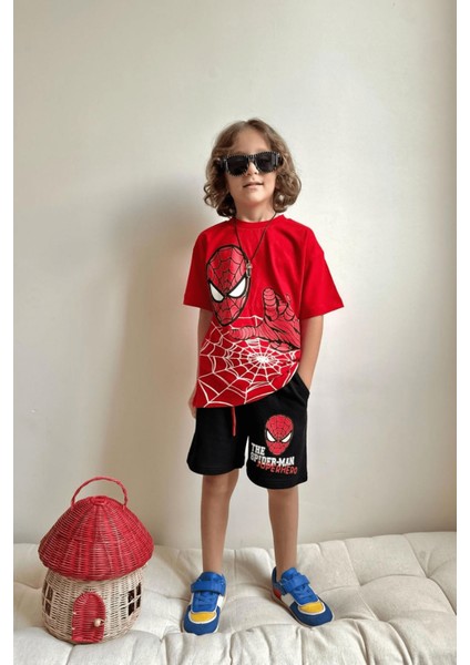 3-10 Yaş Örümcek Adam Spiderman Kısa Kollu Erkek Çocuk Takım Kırmızı