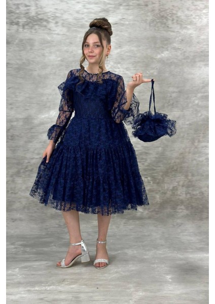 Yağmur Model Güpür Uzun Kol Çanta Dahil Kız Çocuk Elbise Lacivert