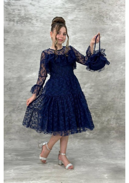 Yağmur Model Güpür Uzun Kol Çanta Dahil Kız Çocuk Elbise Lacivert fiyatları
