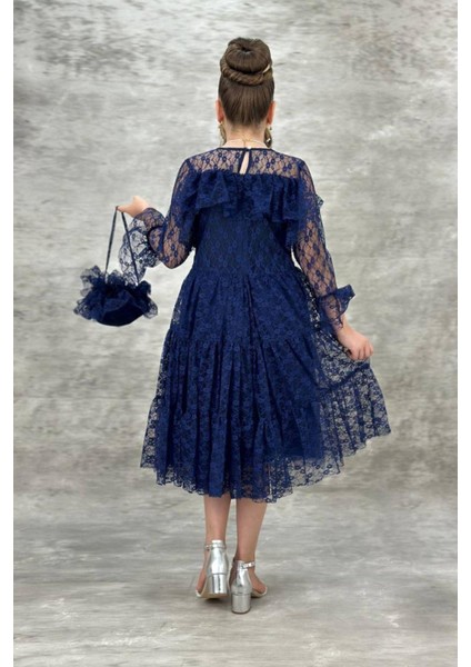 Yağmur Model Güpür Uzun Kol Çanta Dahil Kız Çocuk Elbise Lacivert modelleri