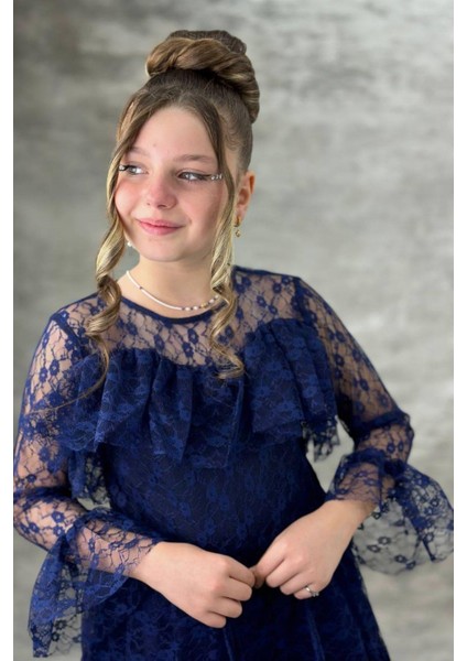 Yağmur Model Güpür Uzun Kol Çanta Dahil Kız Çocuk Elbise Lacivert fırsatları