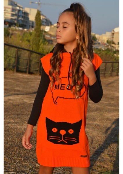 Kız Çocuk Kedi Model Triko Elbise Badi Çorap Üçlü Takım