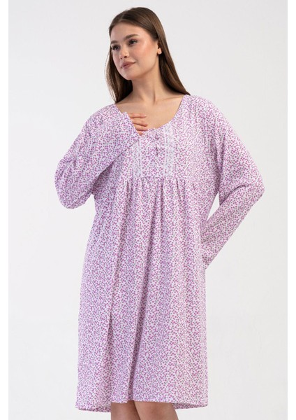 Kadın Büyük Beden Uzun Kol %100 PAMUK Mor Gecelik C4T7N7O161