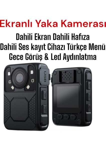 Gece Görüşlü Ekranlı Yaka Kamerası 64 GB Dahili Hafıza