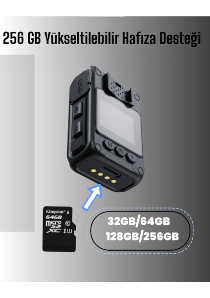 Gece Görüşlü Ekranlı Yaka Kamerası 64 GB Dahili Hafıza