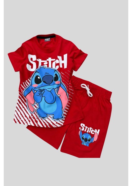 3-10 Yaş Stitch Maskeli Şortlu Çocuk Takım Kırmızı
