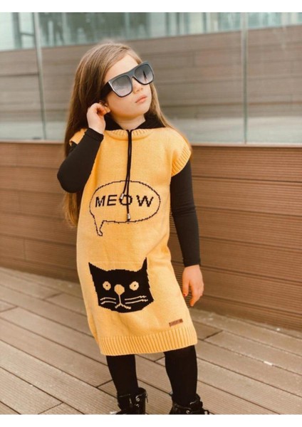 Kız Çocuk Kedi Model Triko Elbise Badi Çorap Üçlü Takım