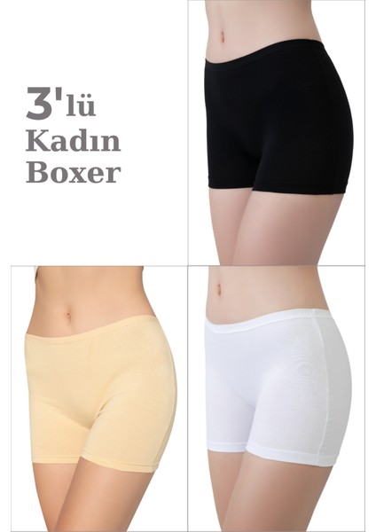 3'lü Paket Kadın Karışık Renkli Boxer Şort Pamuklu Likralı