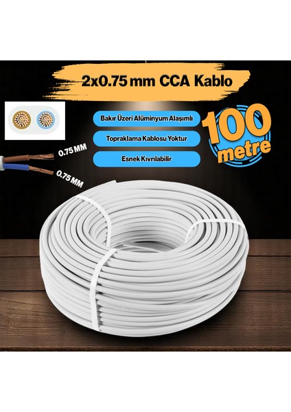 Ttr Cca Çok Telli Elektrik Kablosu Bakır Iletken Damarlı Beyaz Kablo 2x0.75 mm 100 Metre