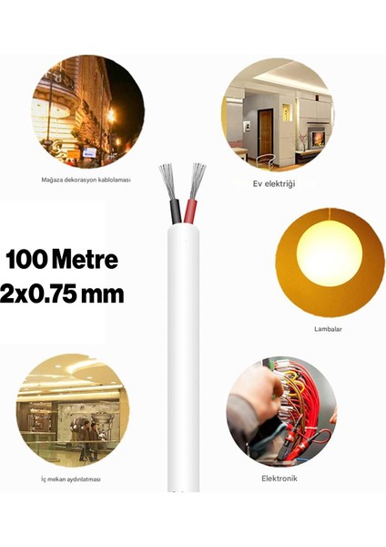 Ttr Cca Çok Telli Elektrik Kablosu Bakır Iletken Damarlı Beyaz Kablo 2x0.75 mm 100 Metre fiyatları