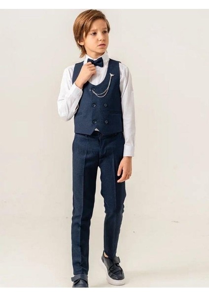 Erkek Çocuk Yelek Gömlek Papyon Rozet Pantolon Tam Set Takım Elbise