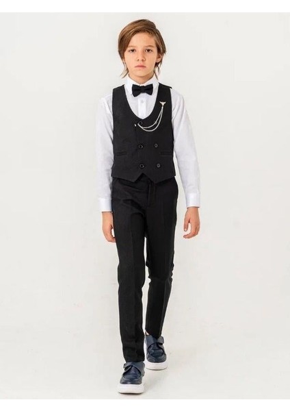 Erkek Çocuk Yelek Papyon Pantolon Rozet Gömlek Tam Set Takım Elbise