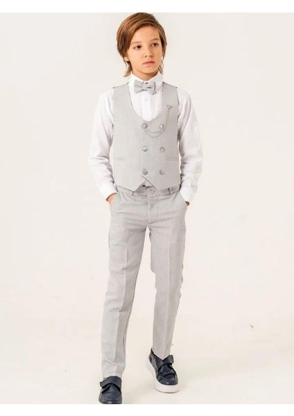 Erkek Çocuk Yelek Papyon Pantolon Rozet Gömlek Tam Set Takım Elbise