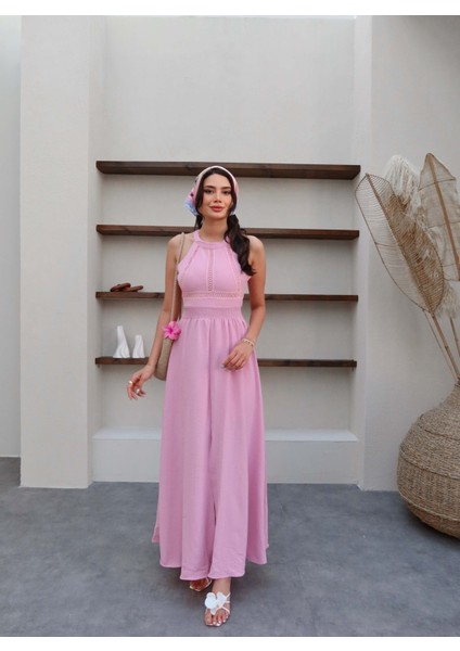 Pembe Sırt Dekolteli Şifon Elbise