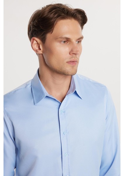 Slim Fit Uzun Kollu Kolay Ütü Teri Emen Nefes Alan Doku Kravatlık Dört Mevsim Mavi Erkek Gömlek