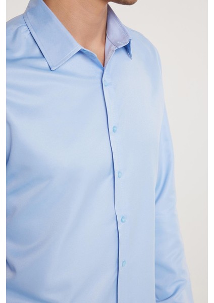 Slim Fit Uzun Kollu Kolay Ütü Teri Emen Nefes Alan Doku Kravatlık Dört Mevsim Mavi Erkek Gömlek