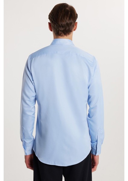 Slim Fit Uzun Kollu Kolay Ütü Teri Emen Nefes Alan Doku Kravatlık Dört Mevsim Mavi Erkek Gömlek