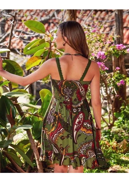 Otantik Desenli Dantel Yaka Fırfırlı Yeşil Elbise fırsatları