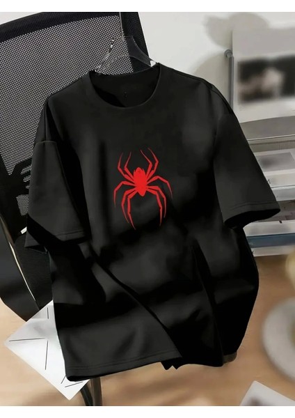 Baskılı Oversize Bisiklet Yaka T-Shirt - Siyah