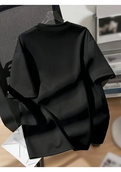 Baskılı Oversize Bisiklet Yaka T-Shirt - Siyah