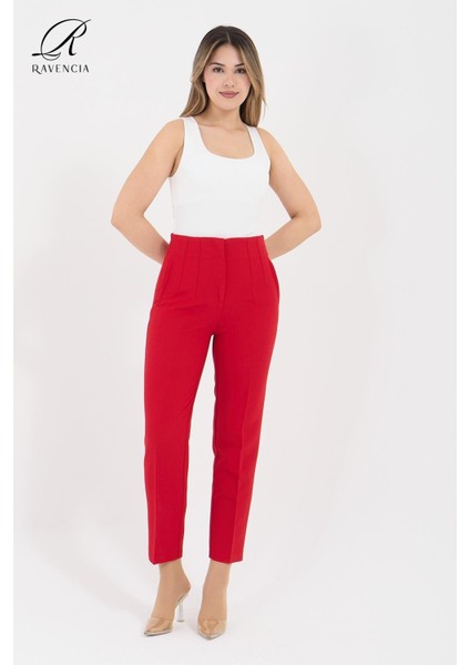Kadın Model Yüksek Bel Kumaş Koyu Kırmızı Pantolon