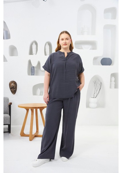 Hakim Yaka Büyük Beden Bluz Füme indirimleri