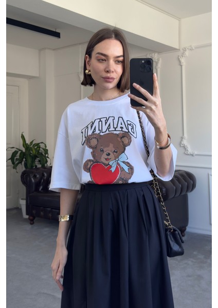 Ayıcık Baskılı Tshirt- Beyaz