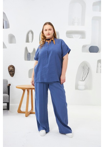 Hakim Yaka Büyük Beden Bluz Indigo indirimleri